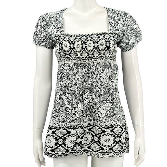 ALC At Last Classics Top Women Small Black White Floral Smocked 100% Cotton Boho - Picture 1 of 7